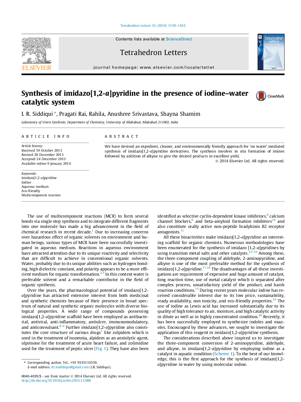 Synthesis of imidazo[1,2-a]pyridine in the presence of iodine-water catalytic system