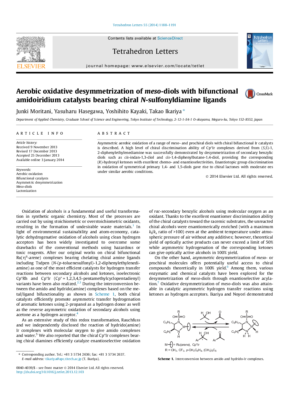 Aerobic oxidative desymmetrization of meso-diols with bifunctional amidoiridium catalysts bearing chiral N-sulfonyldiamine ligands