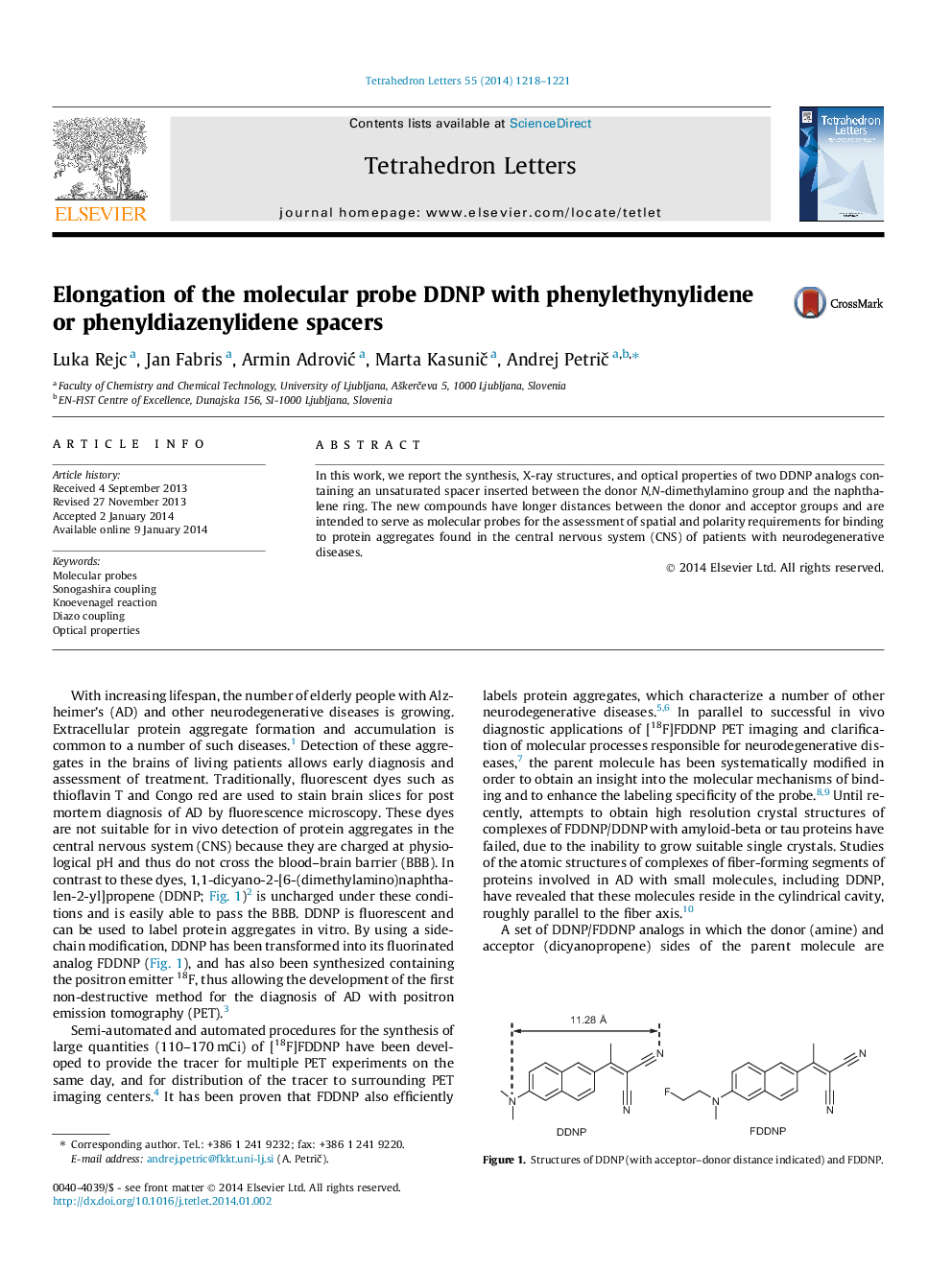 Elongation of the molecular probe DDNP with phenylethynylidene or phenyldiazenylidene spacers