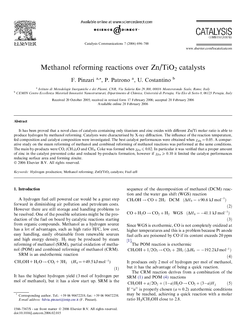 Methanol reforming reactions over Zn/TiO2 catalysts