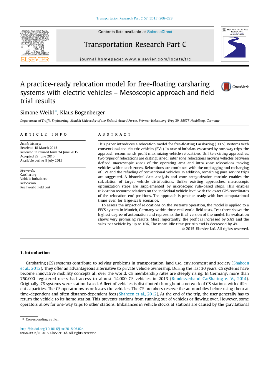 A practice-ready relocation model for free-floating carsharing systems with electric vehicles – Mesoscopic approach and field trial results