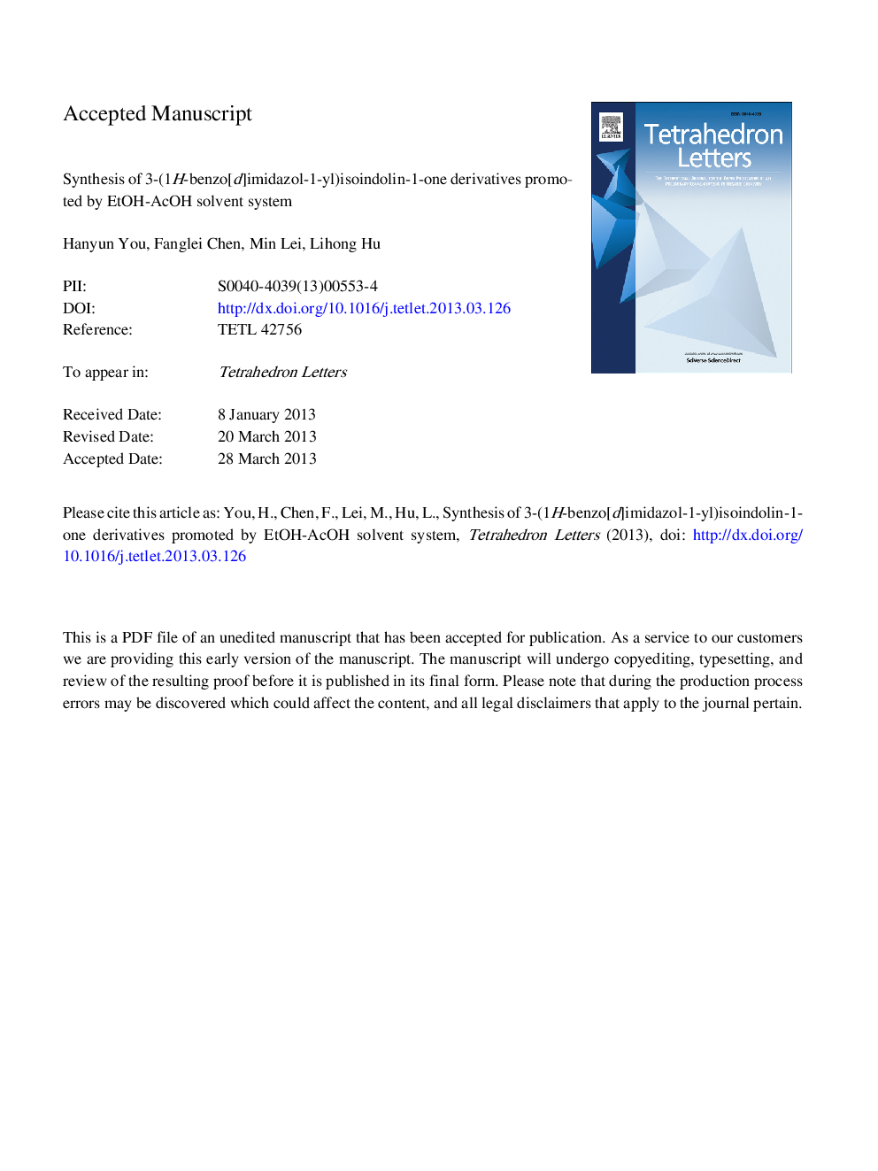 Synthesis of 3-(1H-benzo[d]imidazol-1-yl)isoindolin-1-one derivatives promoted by EtOH-AcOH solvent system