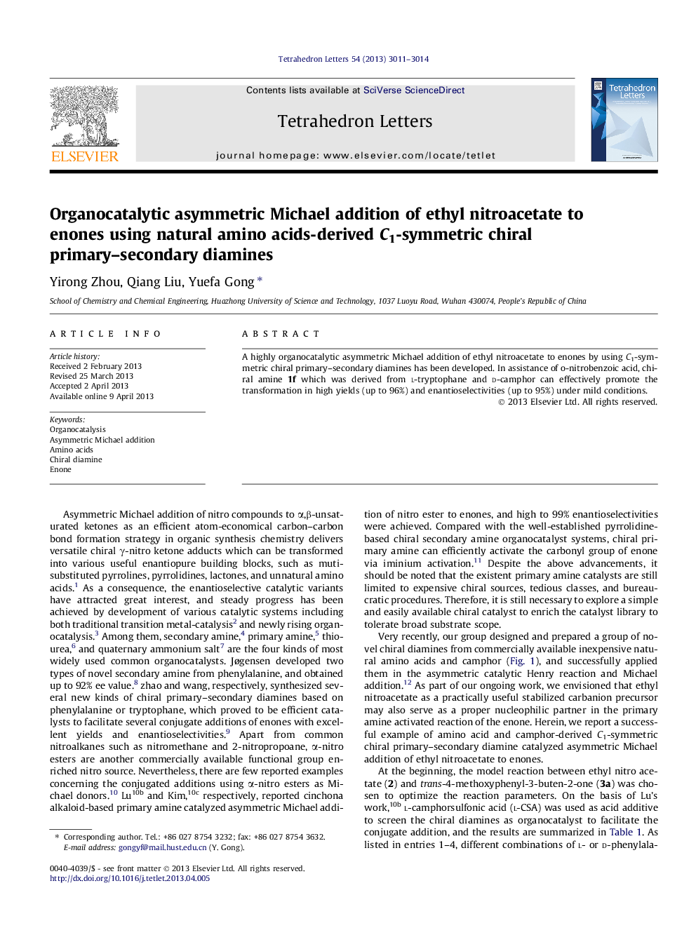 Organocatalytic asymmetric Michael addition of ethyl nitroacetate to enones using natural amino acids-derived C1-symmetric chiral primary-secondary diamines