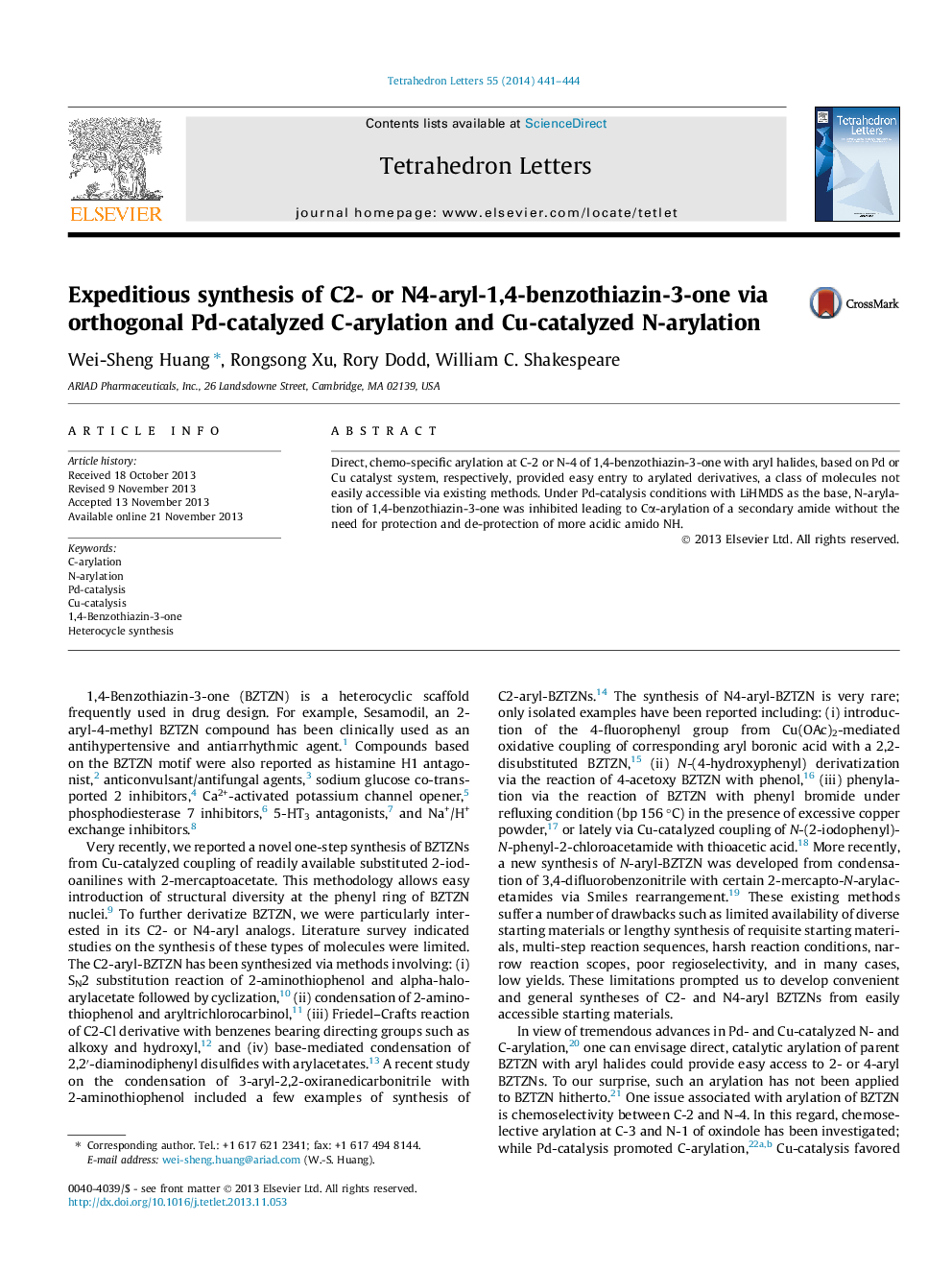 Expeditious synthesis of C2- or N4-aryl-1,4-benzothiazin-3-one via orthogonal Pd-catalyzed C-arylation and Cu-catalyzed N-arylation