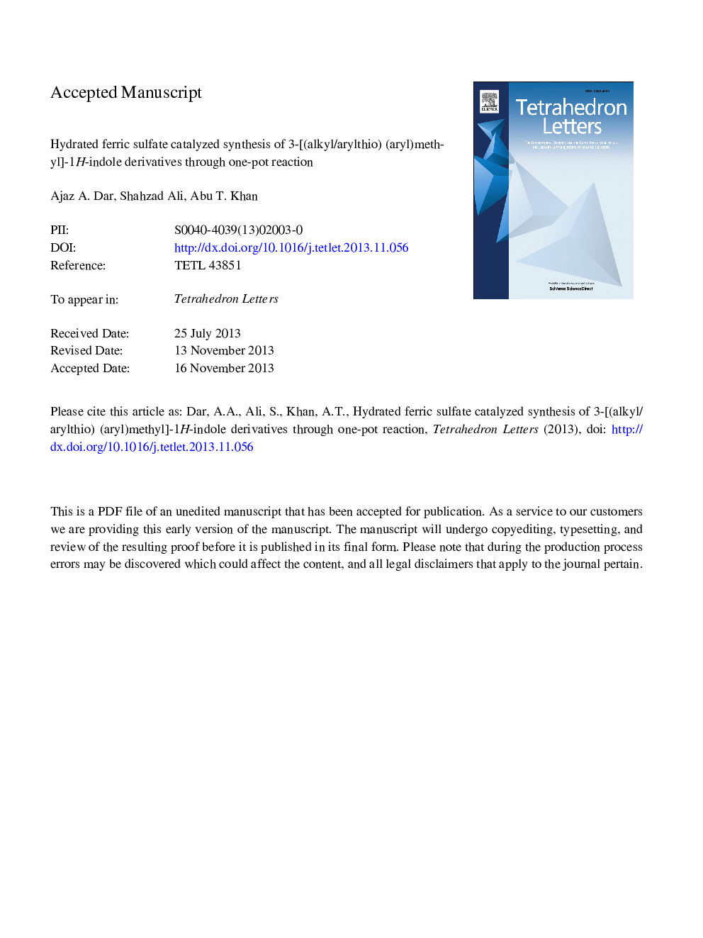 Hydrated ferric sulfate catalyzed synthesis of 3-[(alkyl/arylthio)(aryl)methyl]-1H-indole derivatives through one-pot reaction