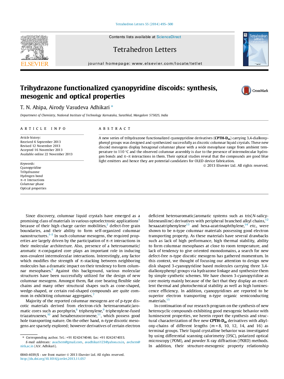 Trihydrazone functionalized cyanopyridine discoids: synthesis, mesogenic and optical properties