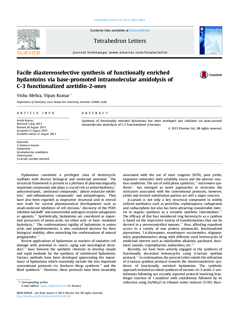 Facile diastereoselective synthesis of functionally enriched hydantoins via base-promoted intramolecular amidolysis of C-3 functionalized azetidin-2-ones