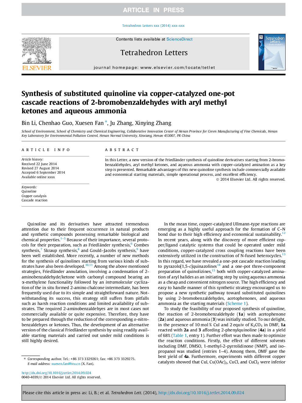 Synthesis of substituted quinoline via copper-catalyzed one-pot cascade reactions of 2-bromobenzaldehydes with aryl methyl ketones and aqueous ammonia