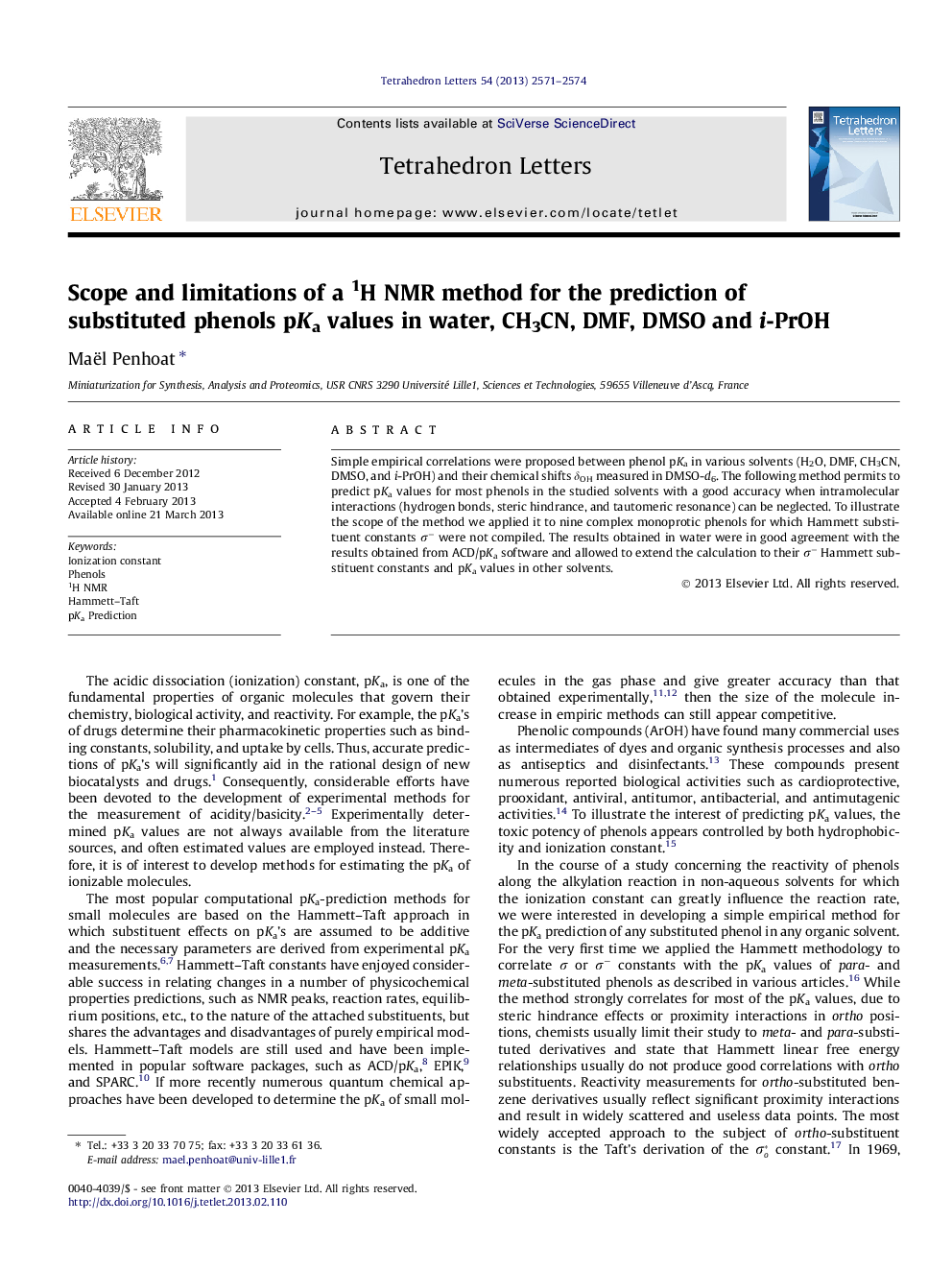 Scope and limitations of a 1H NMR method for the prediction of substituted phenols pKa values in water, CH3CN, DMF, DMSO and i-PrOH