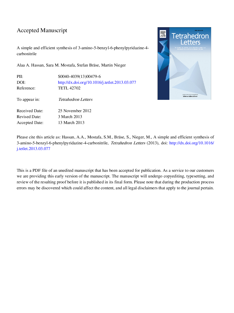 A simple and efficient synthesis of 3-amino-5-benzyl-6-phenylpyridazine-4-carbonitrile