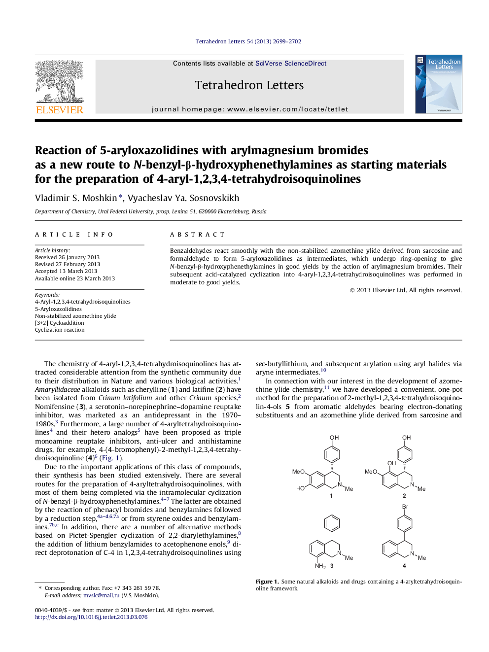 Reaction of 5-aryloxazolidines with arylmagnesium bromides as a new route to N-benzyl-Î²-hydroxyphenethylamines as starting materials for the preparation of 4-aryl-1,2,3,4-tetrahydroisoquinolines