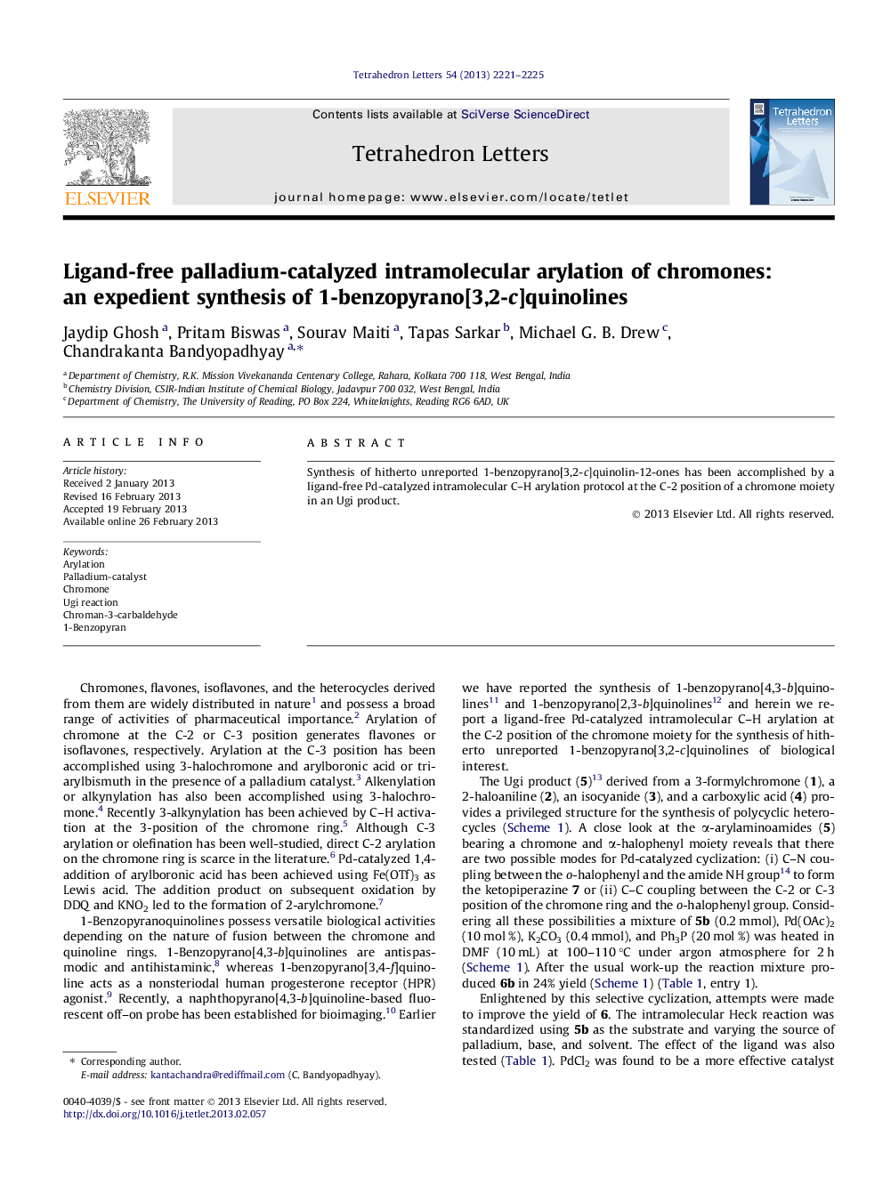 Ligand-free palladium-catalyzed intramolecular arylation of chromones: an expedient synthesis of 1-benzopyrano[3,2-c]quinolines