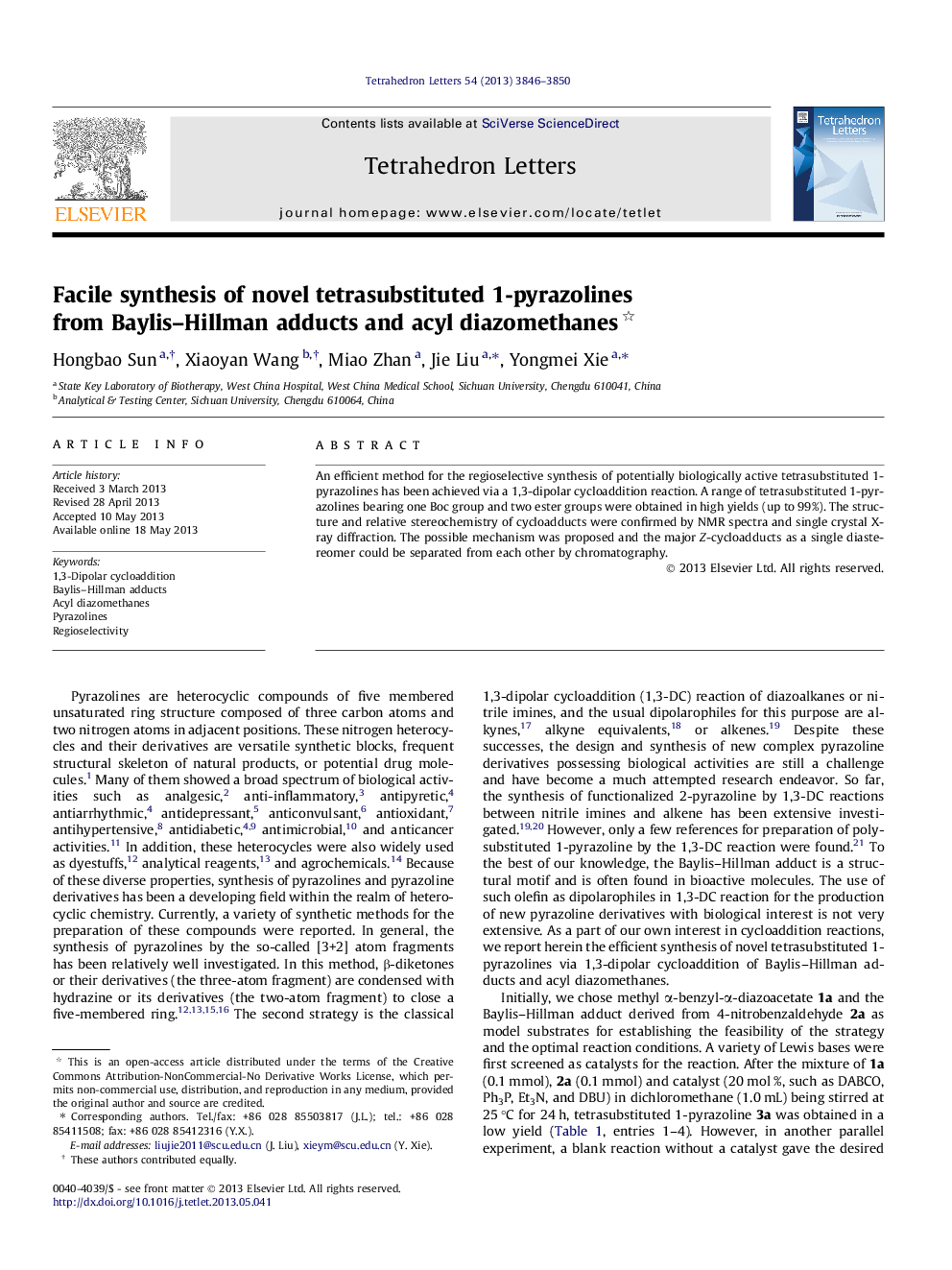 Facile synthesis of novel tetrasubstituted 1-pyrazolines from Baylis-Hillman adducts and acyl diazomethanes