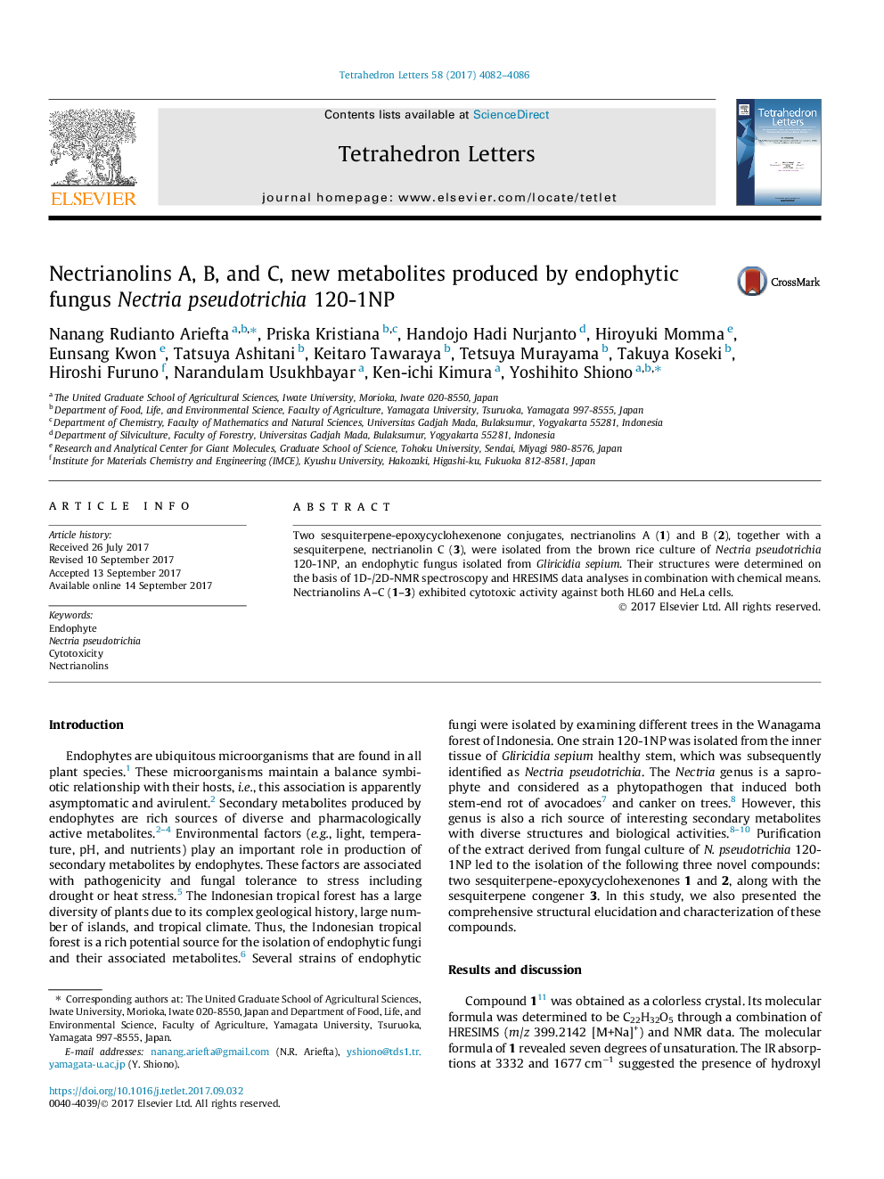 Nectrianolins A, B, and C, new metabolites produced by endophytic fungus Nectria pseudotrichia 120-1NP