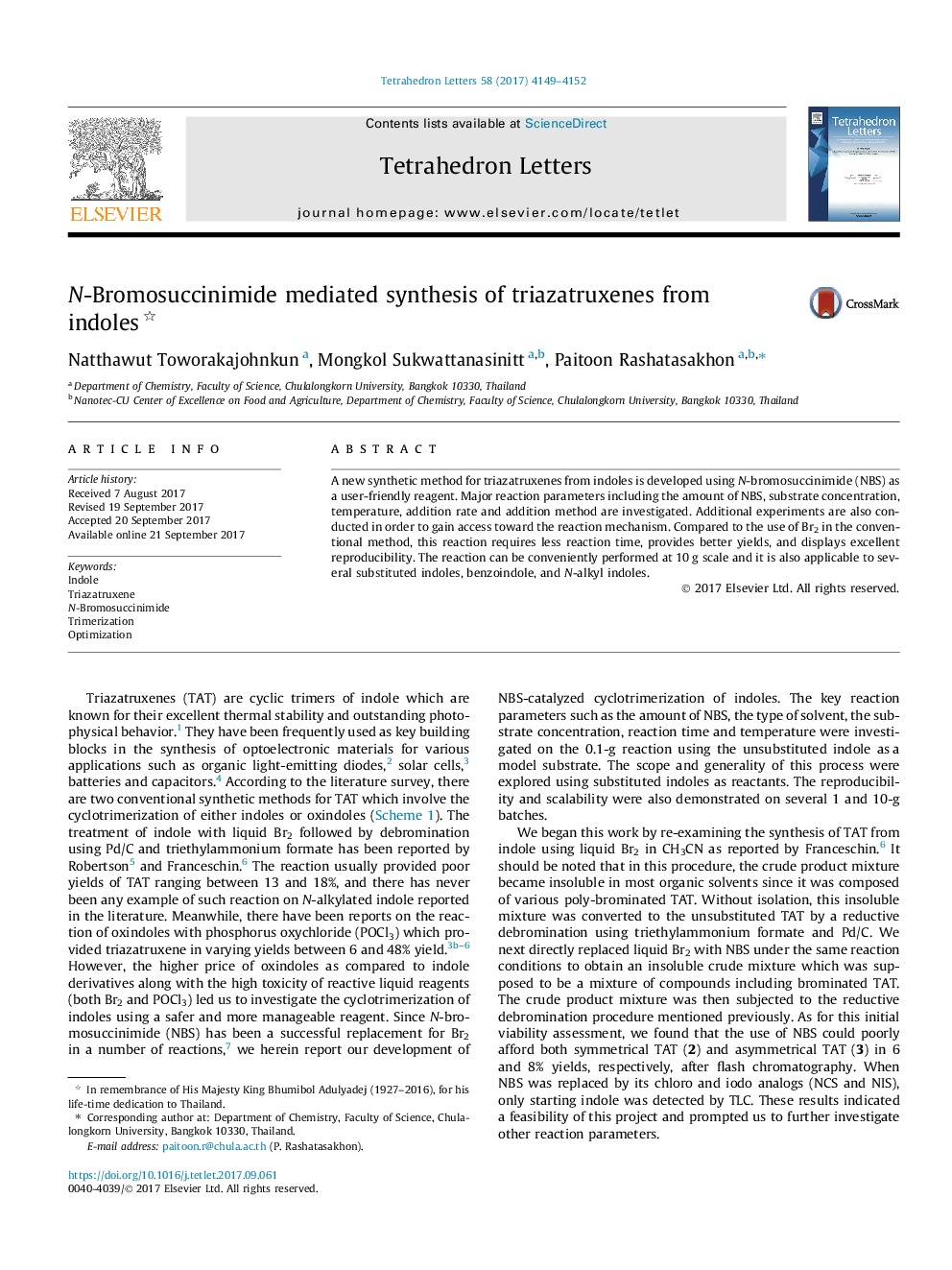 N-Bromosuccinimide mediated synthesis of triazatruxenes from indoles