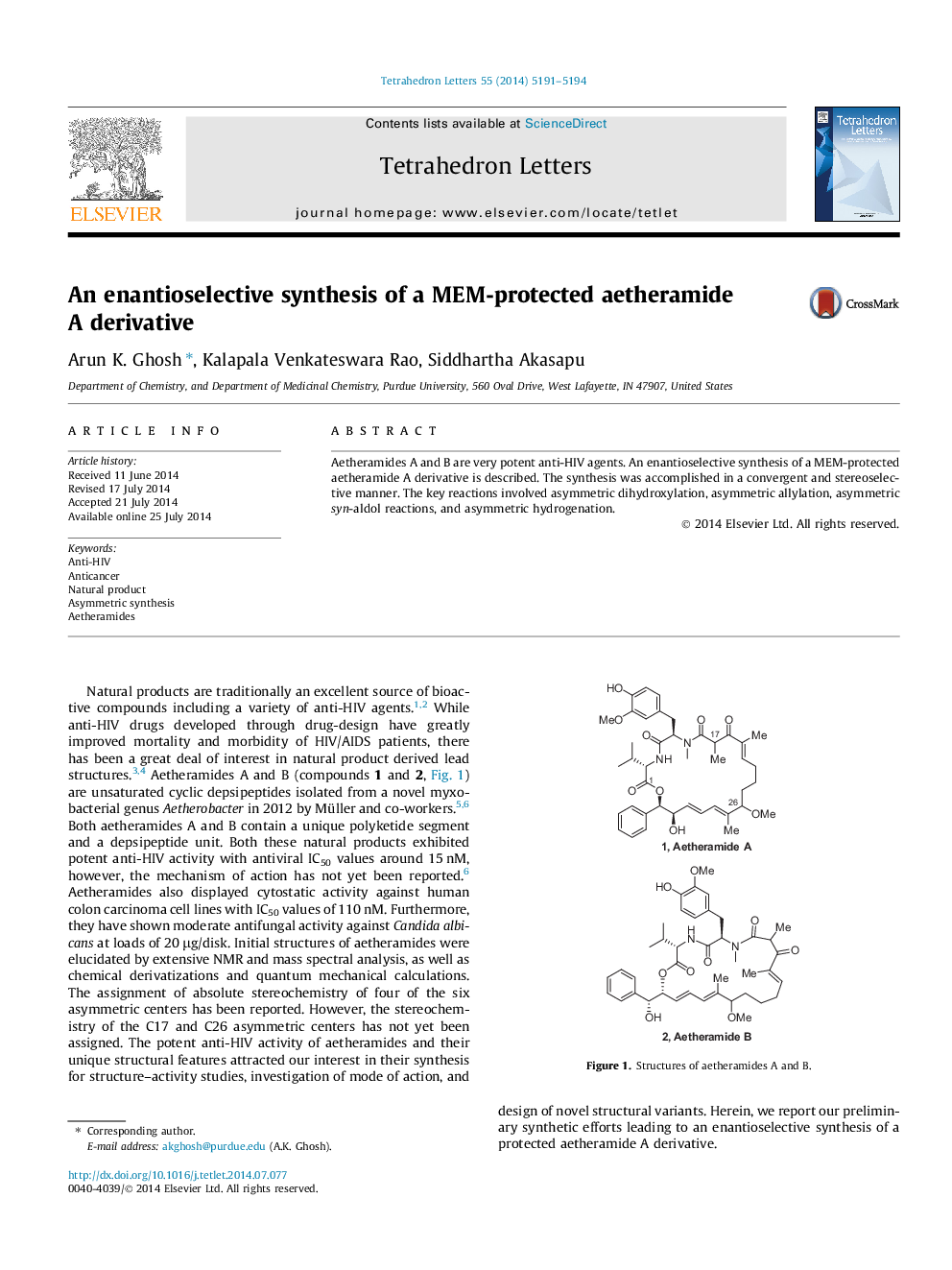 An enantioselective synthesis of a MEM-protected aetheramide A derivative