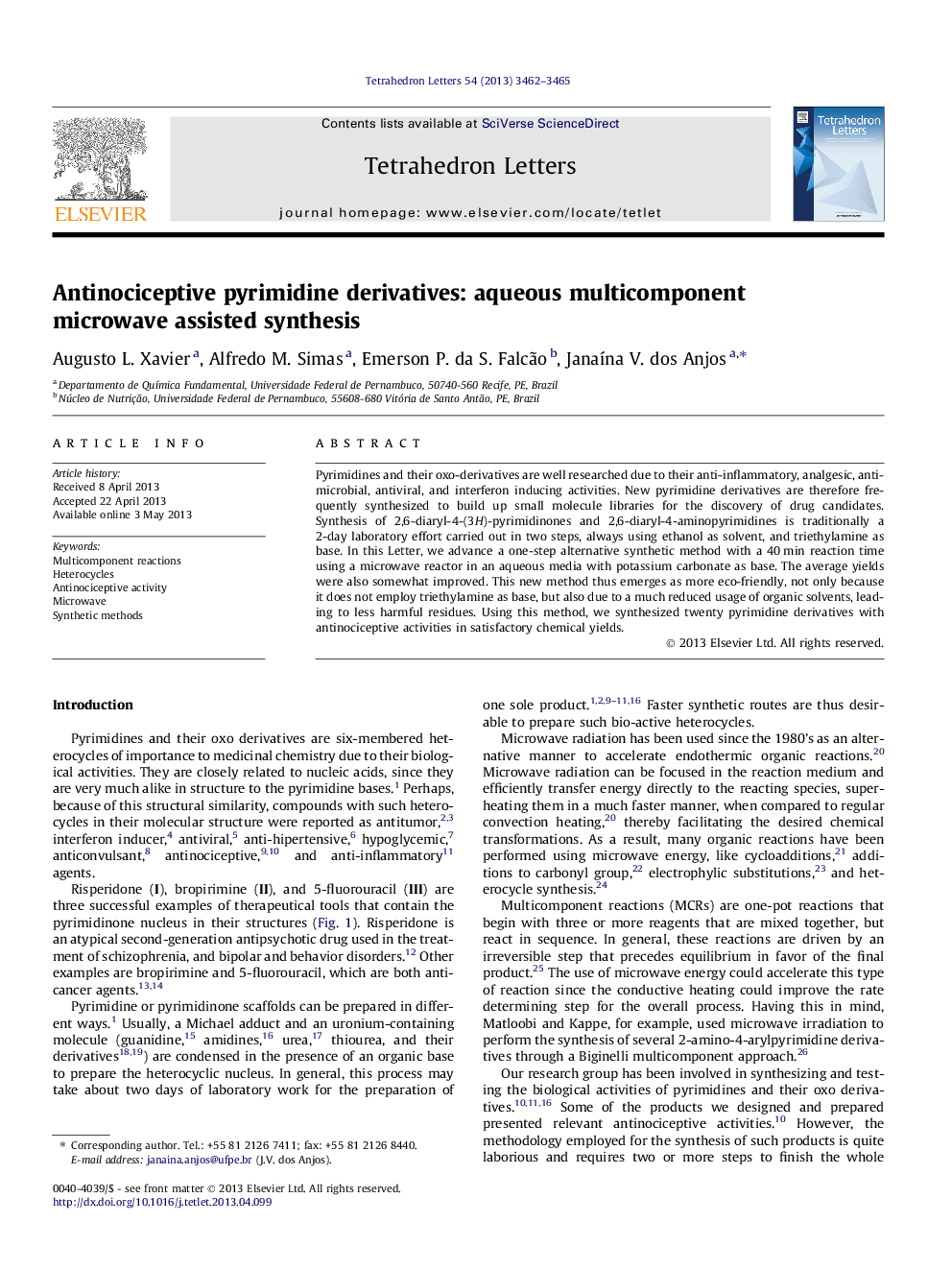 Antinociceptive pyrimidine derivatives: aqueous multicomponent microwave assisted synthesis