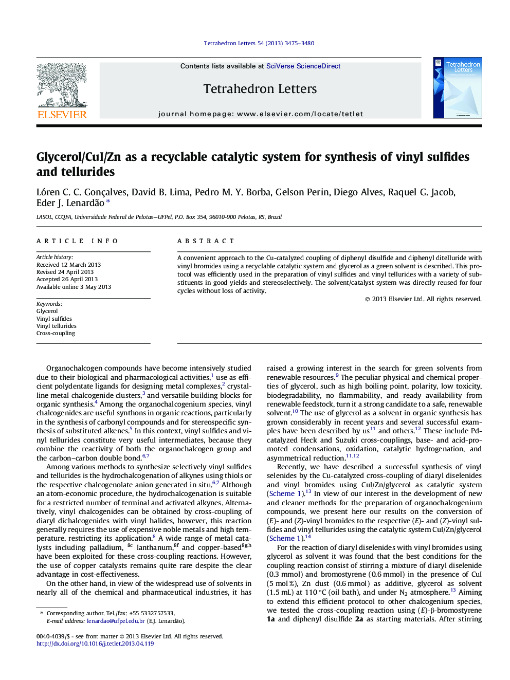 Glycerol/CuI/Zn as a recyclable catalytic system for synthesis of vinyl sulfides and tellurides