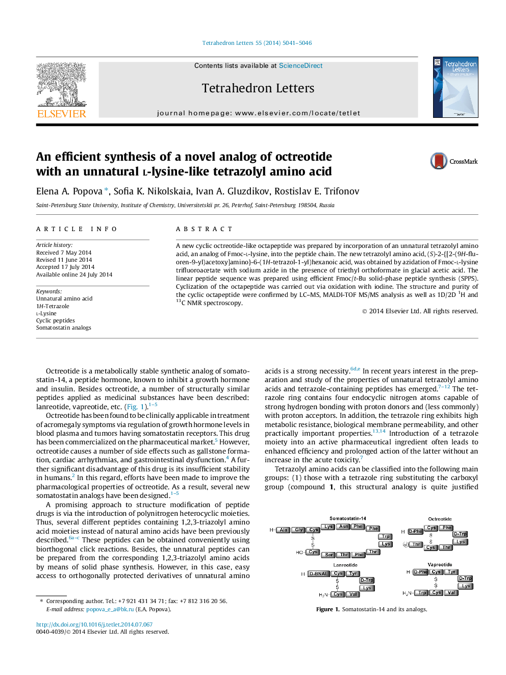 An efficient synthesis of a novel analog of octreotide with an unnatural l-lysine-like tetrazolyl amino acid