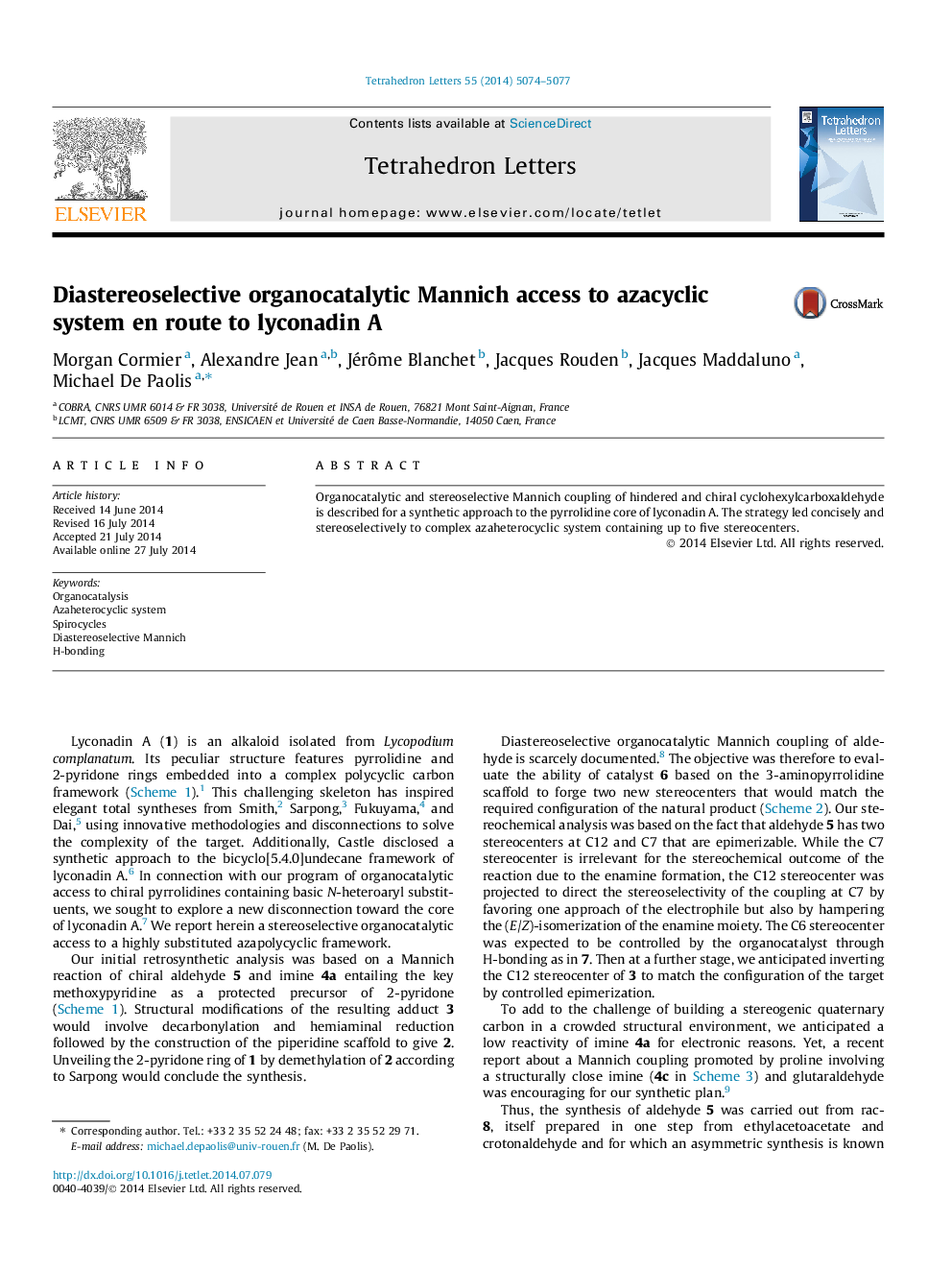 Diastereoselective organocatalytic Mannich access to azacyclic system en route to lyconadin A