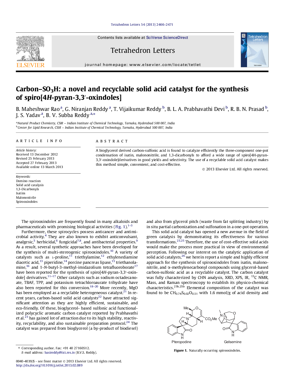 Carbon-SO3H: a novel and recyclable solid acid catalyst for the synthesis of spiro[4H-pyran-3,3â²-oxindoles]