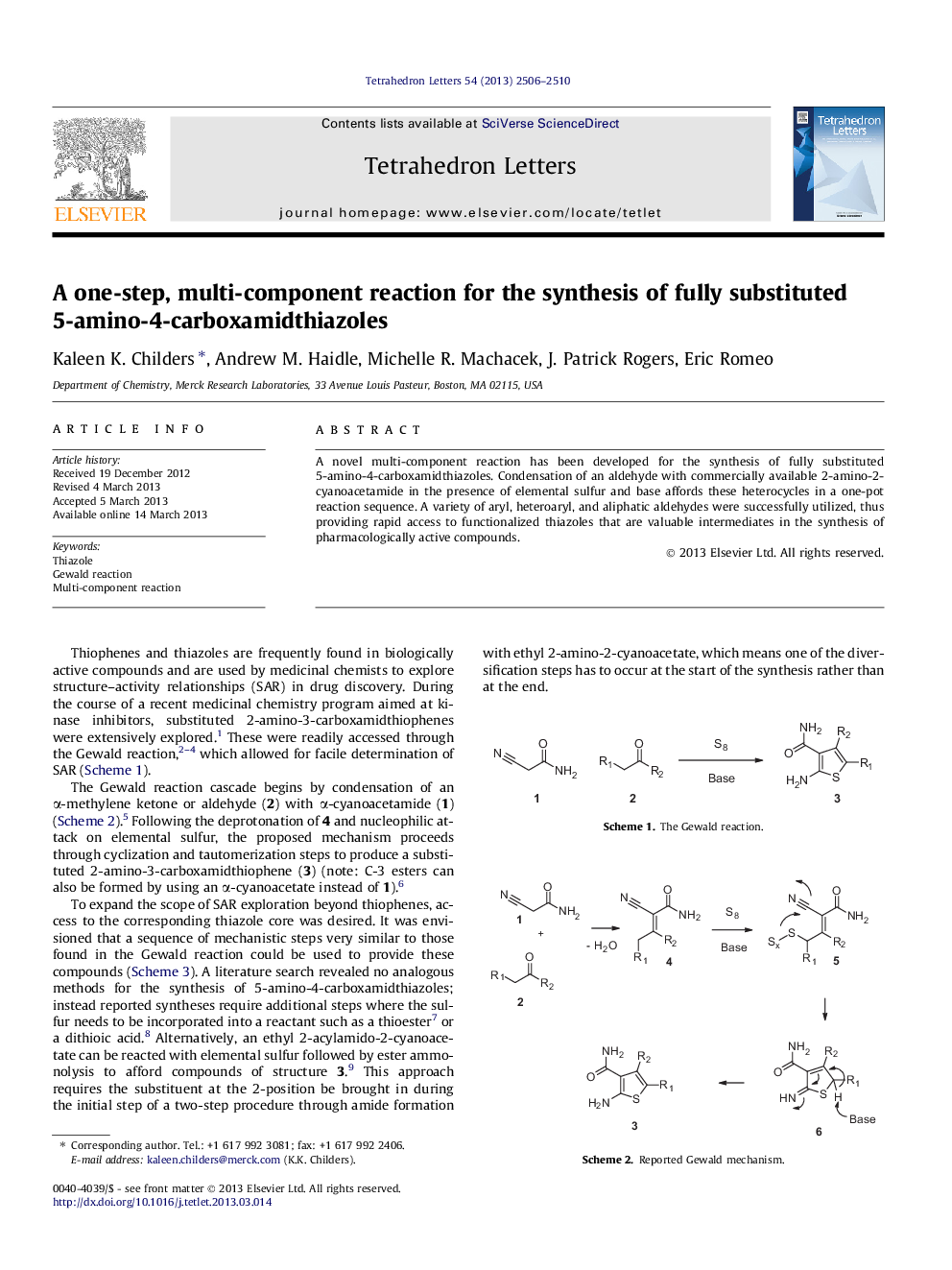 یک واکنش چند مرحله ای یک مرحله ای برای سنتز 5 آمینو 4-کاربوک های آمیدتیازول 