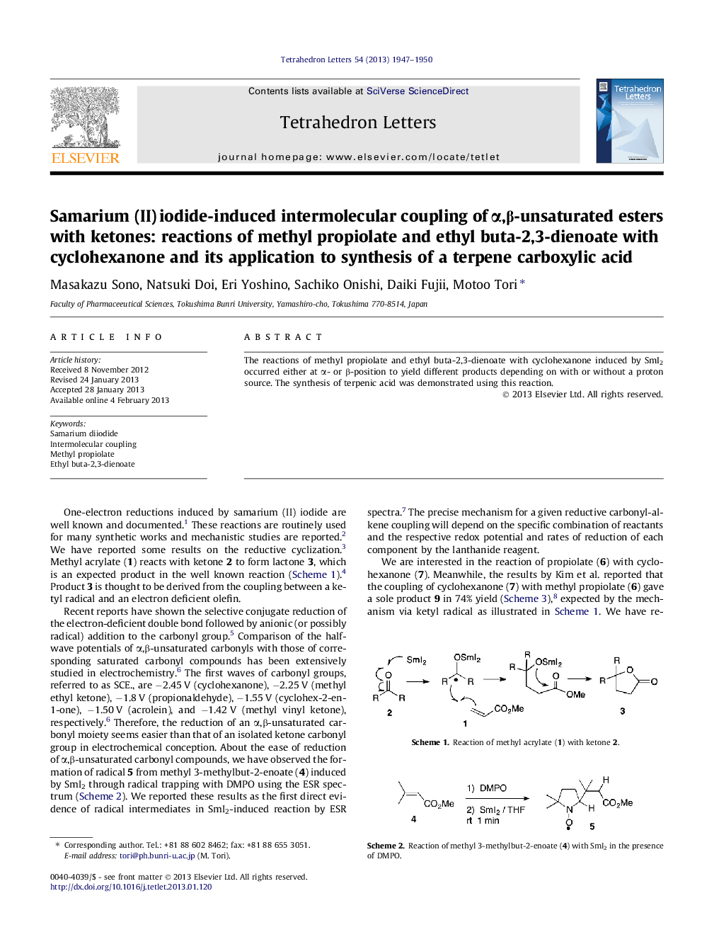 Samarium (II) iodide-induced intermolecular coupling of Î±,Î²-unsaturated esters with ketones: reactions of methyl propiolate and ethyl buta-2,3-dienoate with cyclohexanone and its application to synthesis of a terpene carboxylic acid