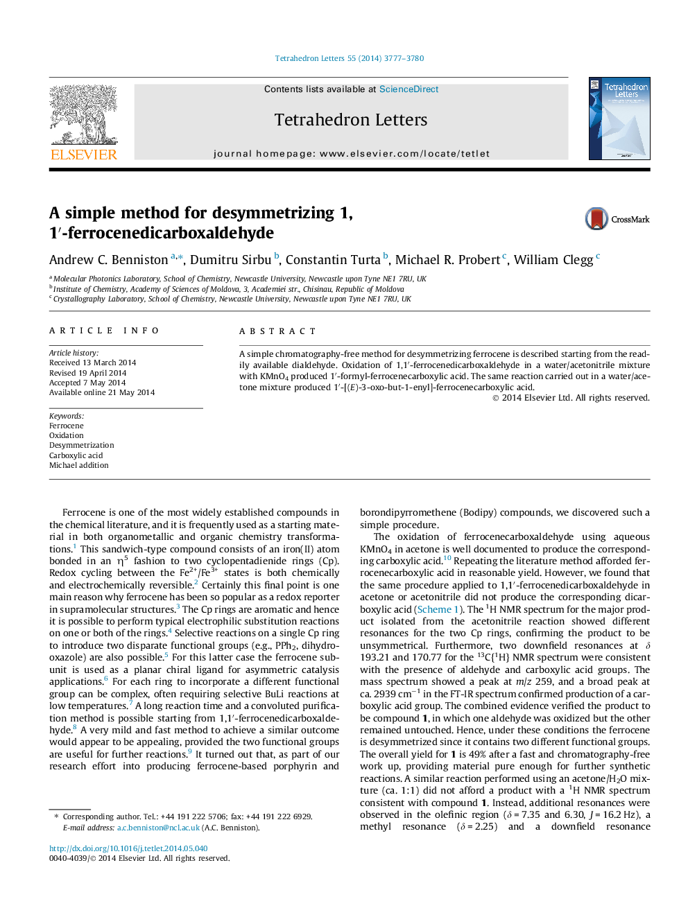 A simple method for desymmetrizing 1,1â²-ferrocenedicarboxaldehyde