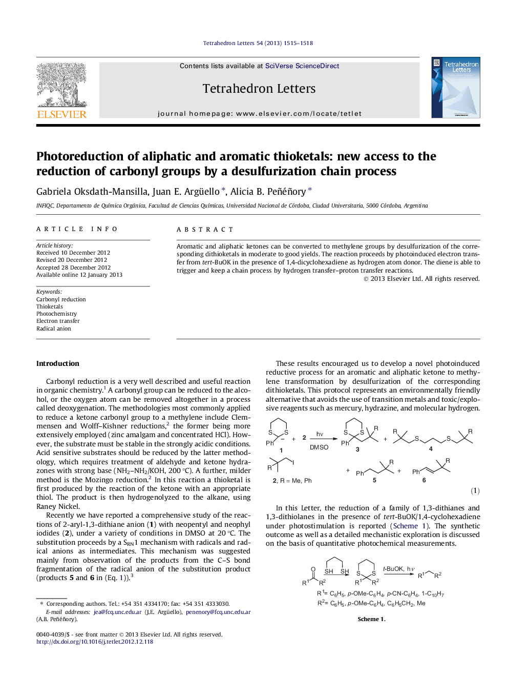 Photoreduction of aliphatic and aromatic thioketals: new access to the reduction of carbonyl groups by a desulfurization chain process