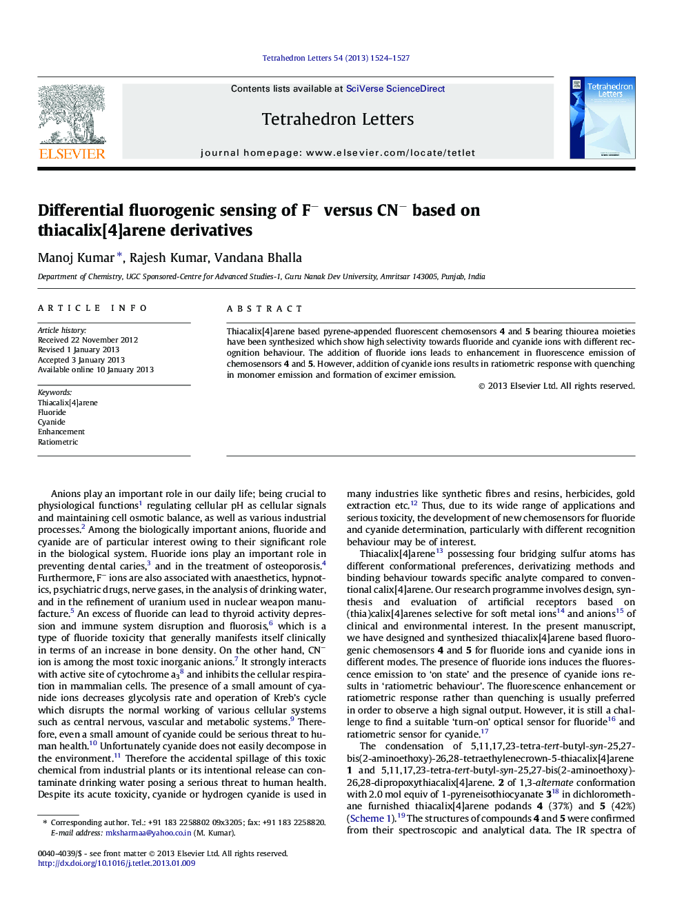 Differential fluorogenic sensing of Fâ versus CNâ based on thiacalix[4]arene derivatives