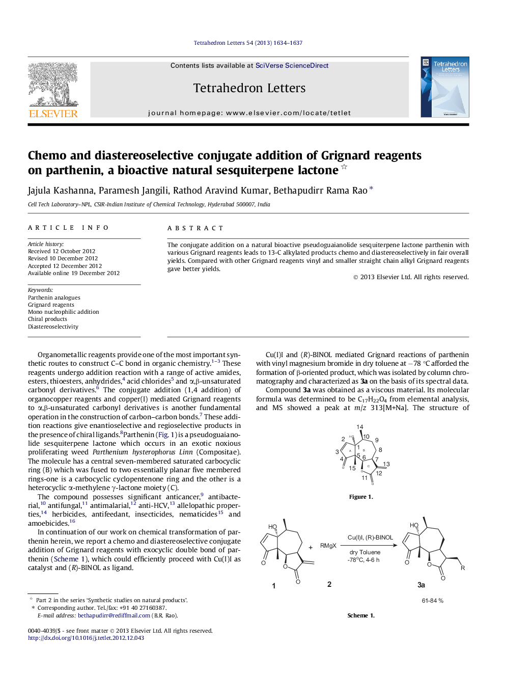 Chemo and diastereoselective conjugate addition of Grignard reagents on parthenin, a bioactive natural sesquiterpene lactone