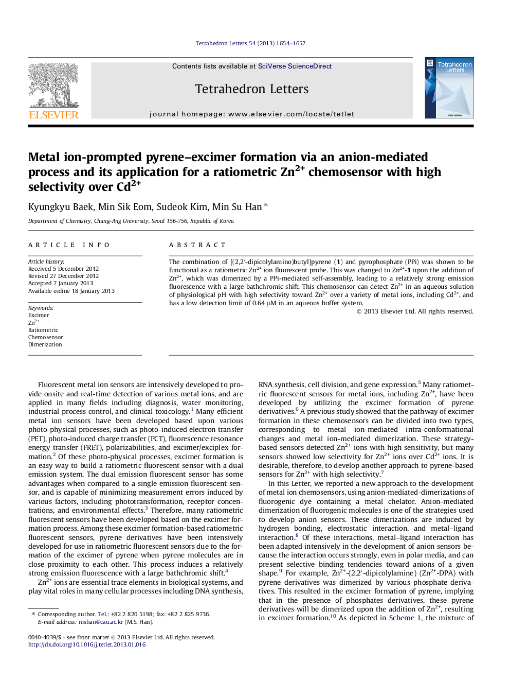 Metal ion-prompted pyrene-excimer formation via an anion-mediated process and its application for a ratiometric Zn2+ chemosensor with high selectivity over Cd2+