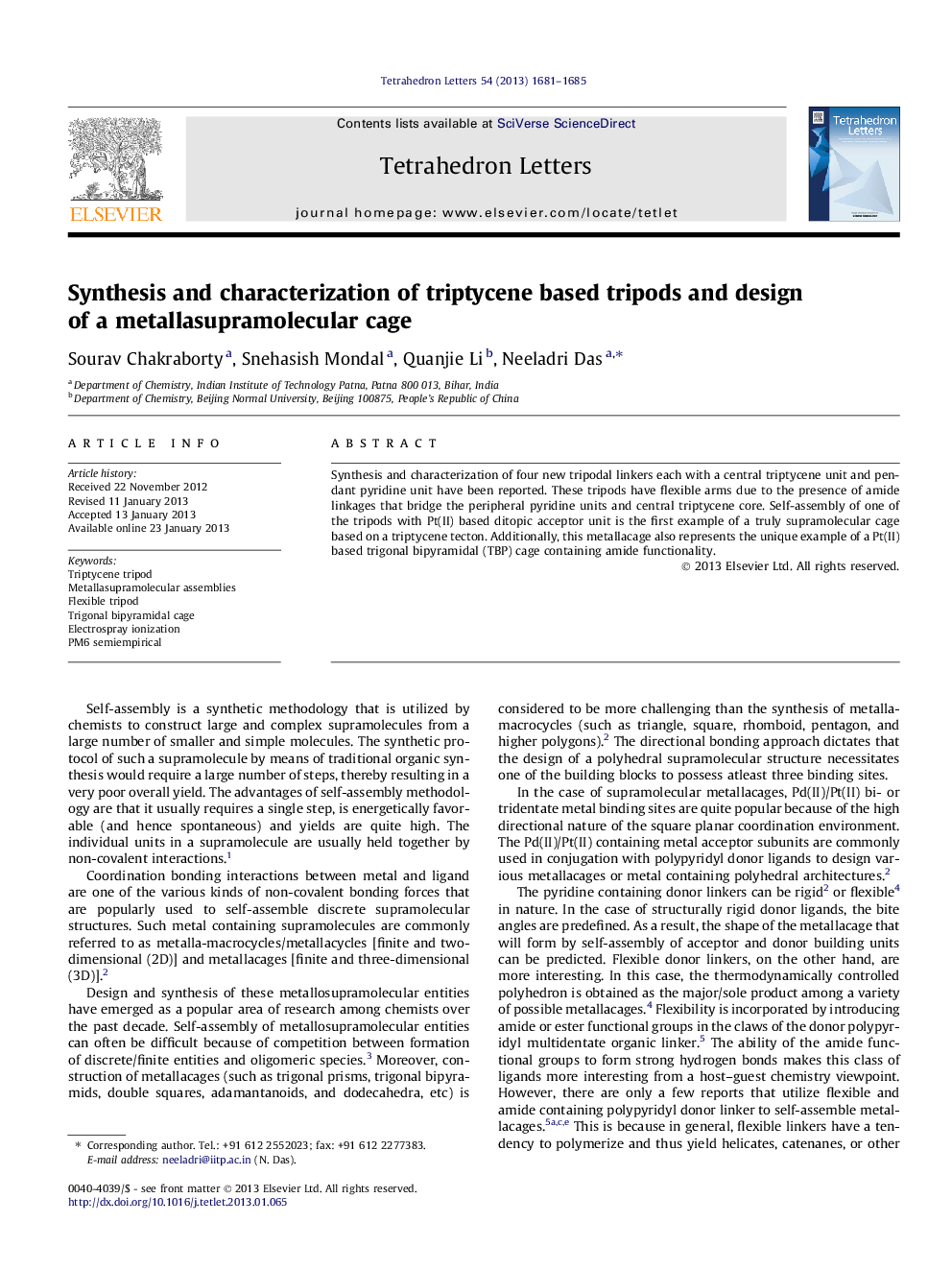 Synthesis and characterization of triptycene based tripods and design of a metallasupramolecular cage