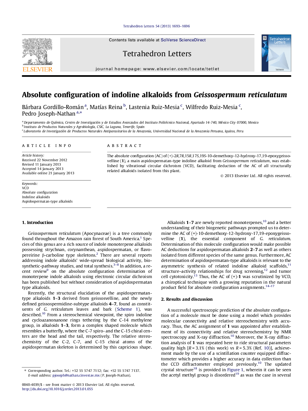 Absolute configuration of indoline alkaloids from Geissospermum reticulatum