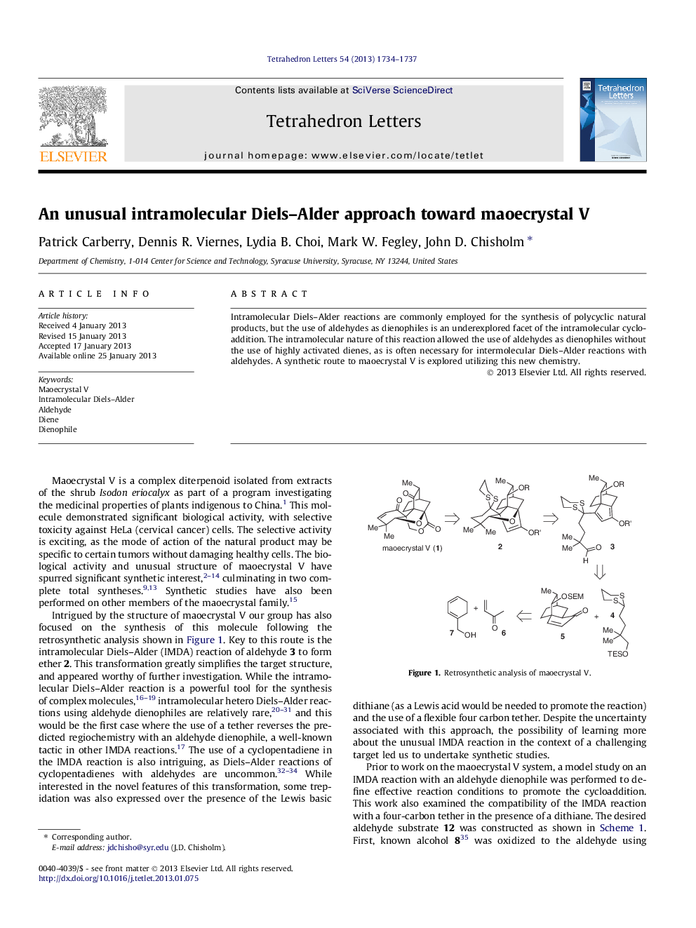An unusual intramolecular Diels-Alder approach toward maoecrystal V
