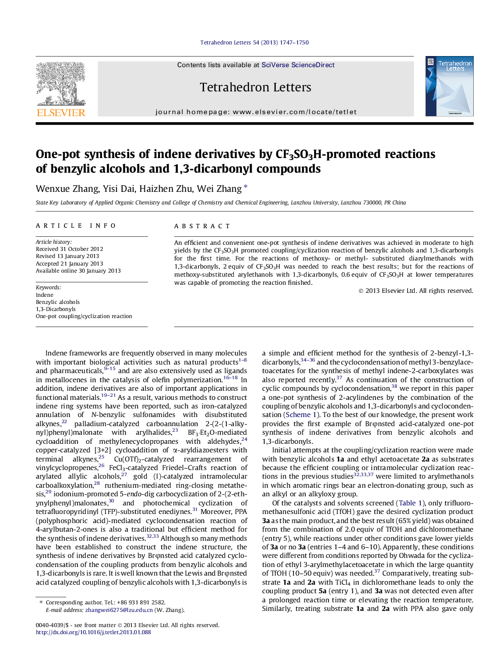 One-pot synthesis of indene derivatives by CF3SO3H-promoted reactions of benzylic alcohols and 1,3-dicarbonyl compounds