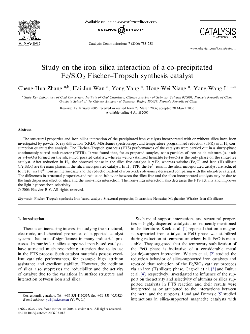 Study on the iron–silica interaction of a co-precipitated Fe/SiO2 Fischer–Tropsch synthesis catalyst