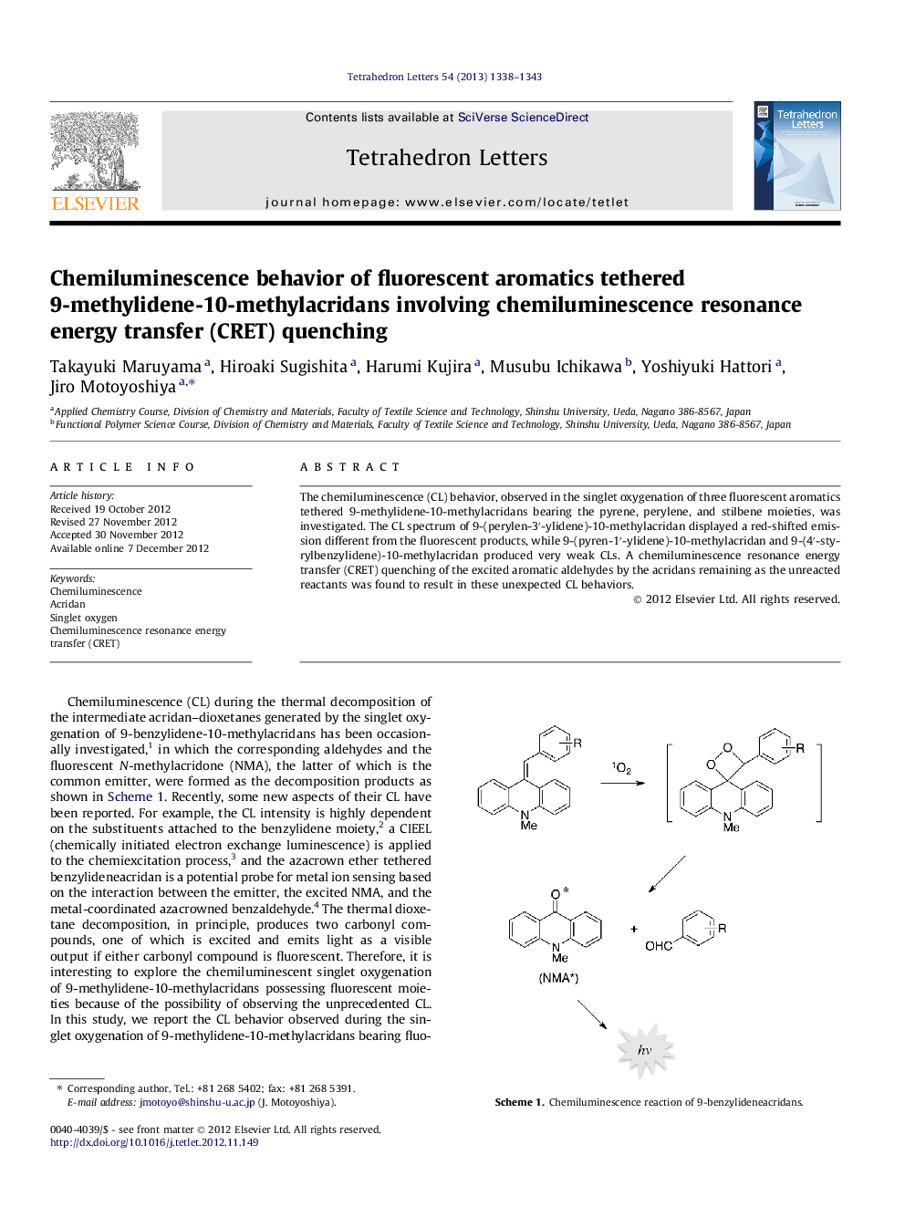 Chemiluminescence behavior of fluorescent aromatics tethered 9-methylidene-10-methylacridans involving chemiluminescence resonance energy transfer (CRET) quenching