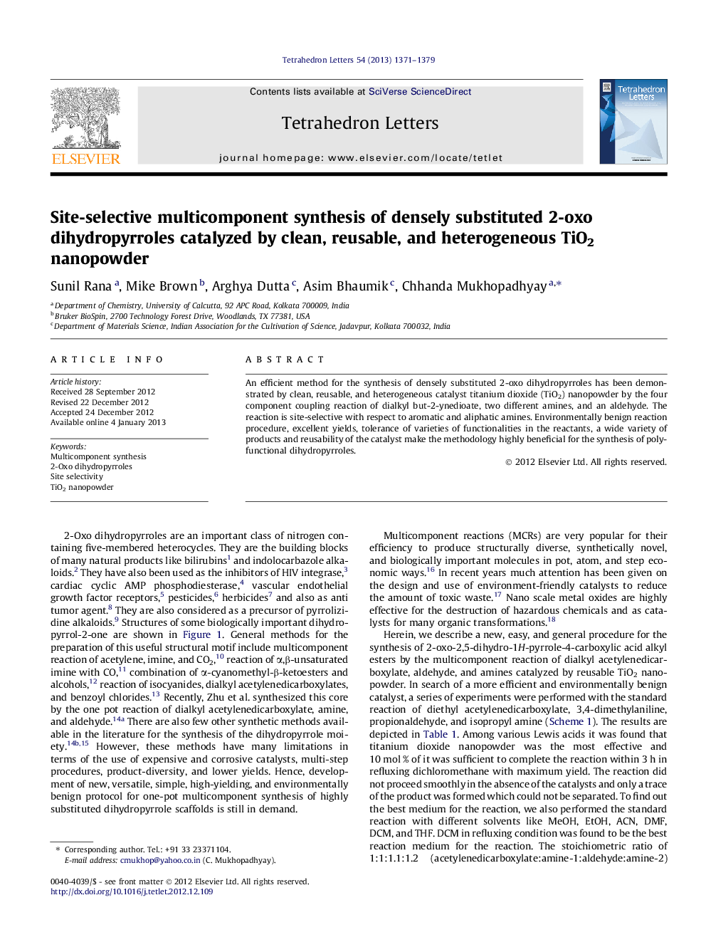 Site-selective multicomponent synthesis of densely substituted 2-oxo dihydropyrroles catalyzed by clean, reusable, and heterogeneous TiO2 nanopowder