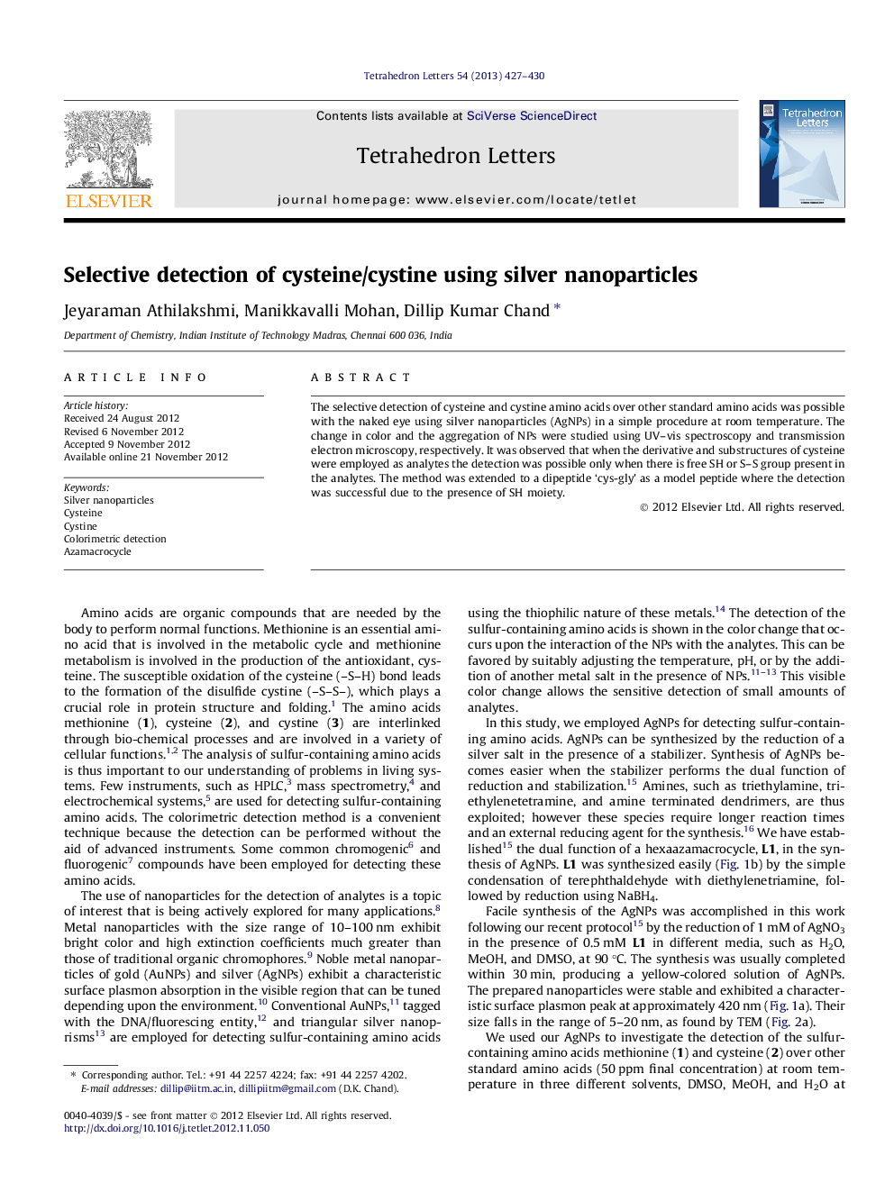 Selective detection of cysteine/cystine using silver nanoparticles