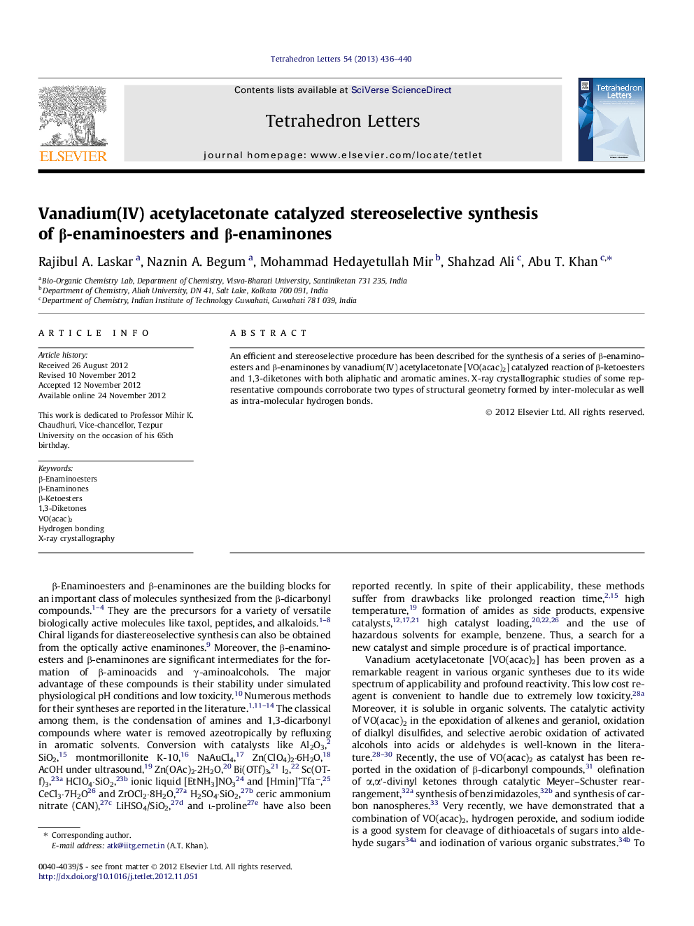 Vanadium(IV) acetylacetonate catalyzed stereoselective synthesis of Î²-enaminoesters and Î²-enaminones