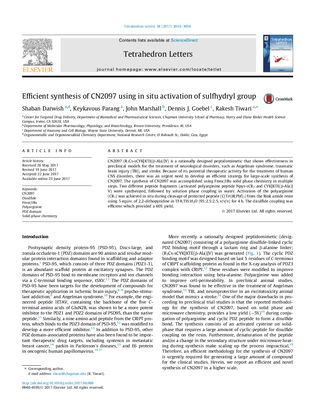 Efficient synthesis of CN2097 using in situ activation of sulfhydryl group