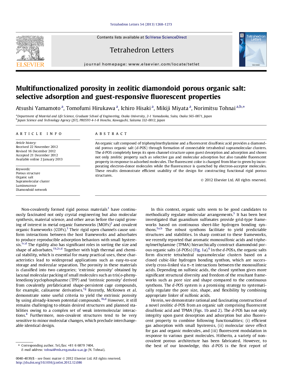 Multifunctionalized porosity in zeolitic diamondoid porous organic salt: selective adsorption and guest-responsive fluorescent properties