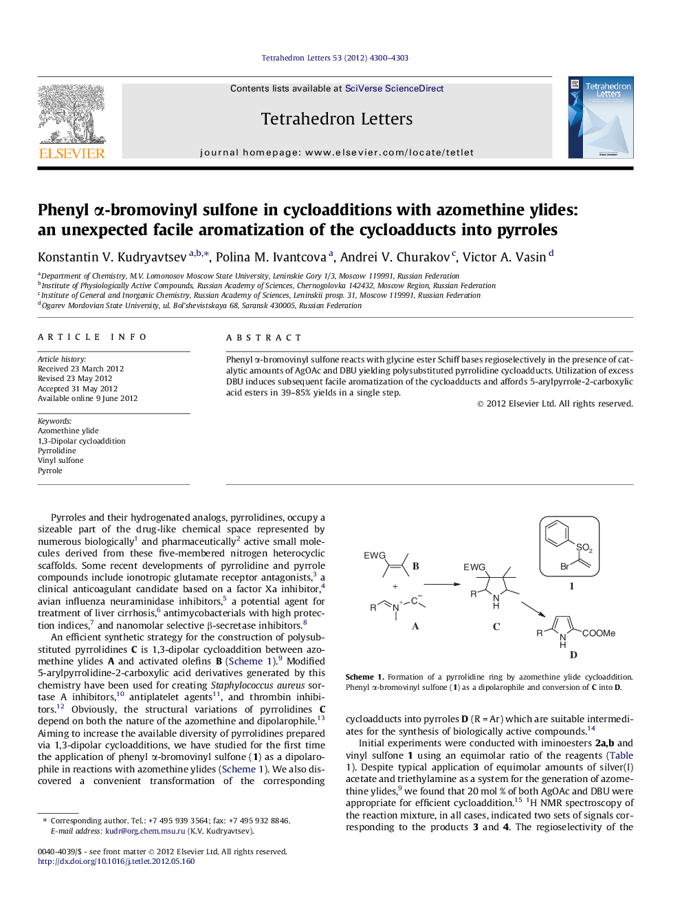 Phenyl Î±-bromovinyl sulfone in cycloadditions with azomethine ylides: an unexpected facile aromatization of the cycloadducts into pyrroles