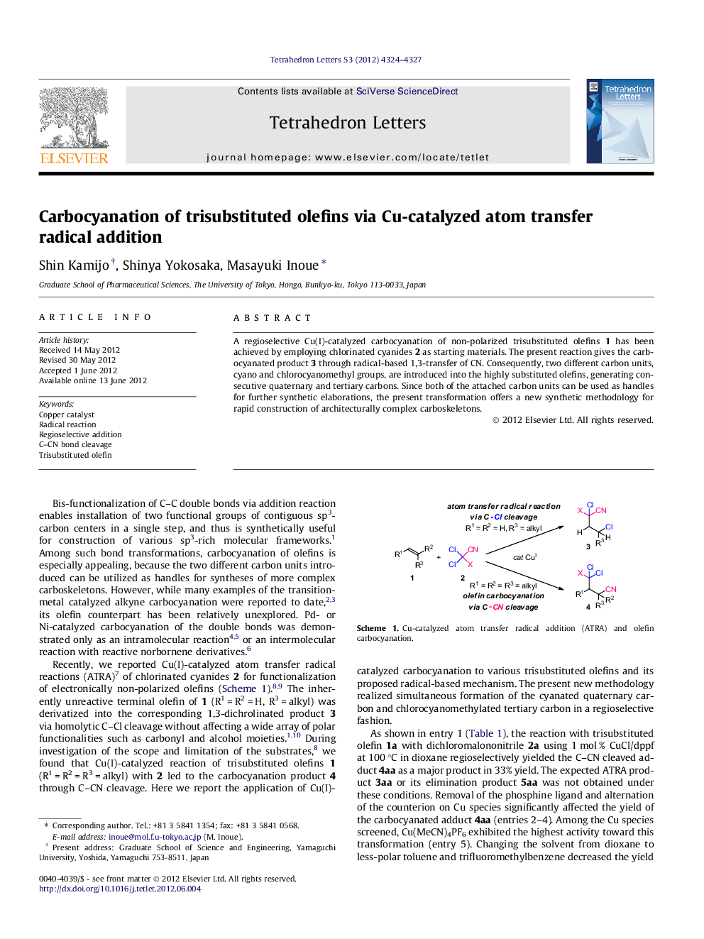 Carbocyanation of trisubstituted olefins via Cu-catalyzed atom transfer radical addition