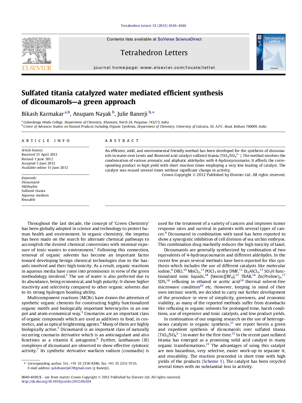 Sulfated titania catalyzed water mediated efficient synthesis of dicoumarols-a green approach