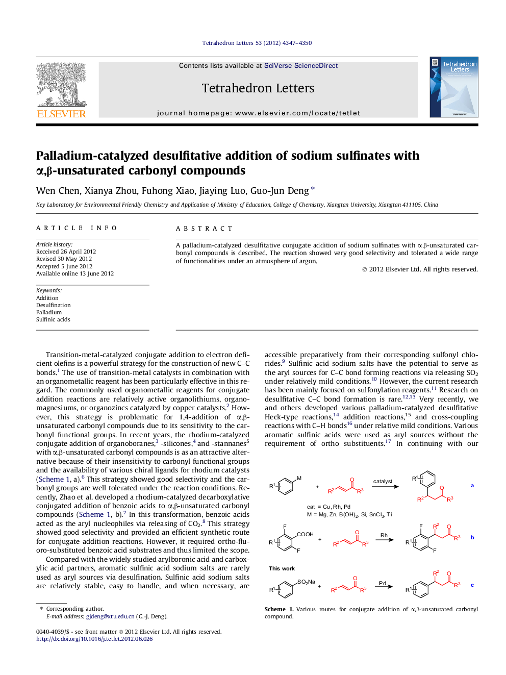 Palladium-catalyzed desulfitative addition of sodium sulfinates with Î±,Î²-unsaturated carbonyl compounds