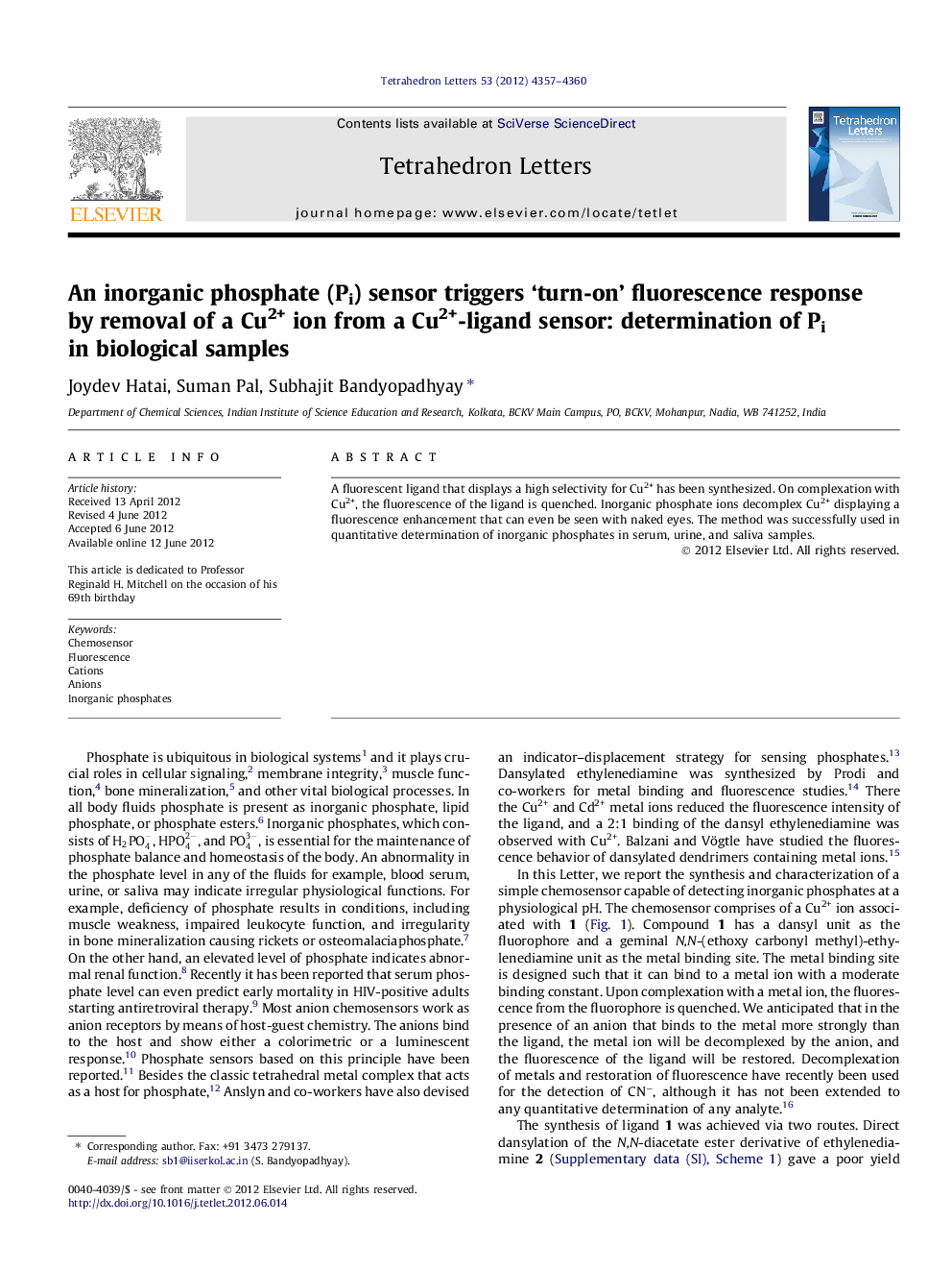 An inorganic phosphate (Pi) sensor triggers 'turn-on' fluorescence response by removal of a Cu2+ ion from a Cu2+-ligand sensor: determination of Pi in biological samples