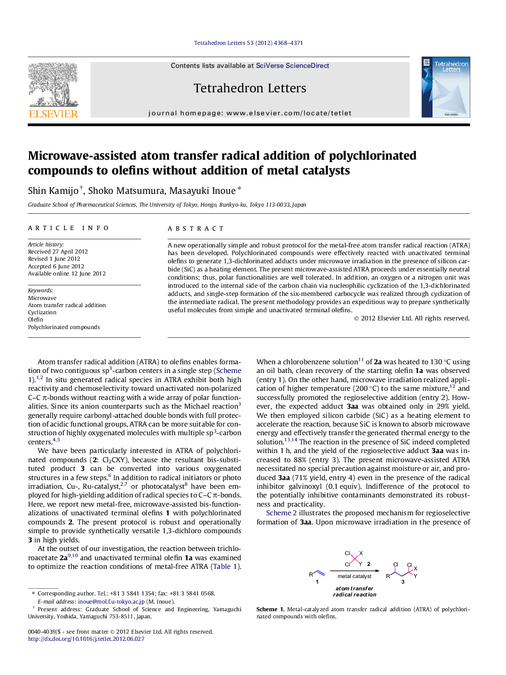 Microwave-assisted atom transfer radical addition of polychlorinated compounds to olefins without addition of metal catalysts