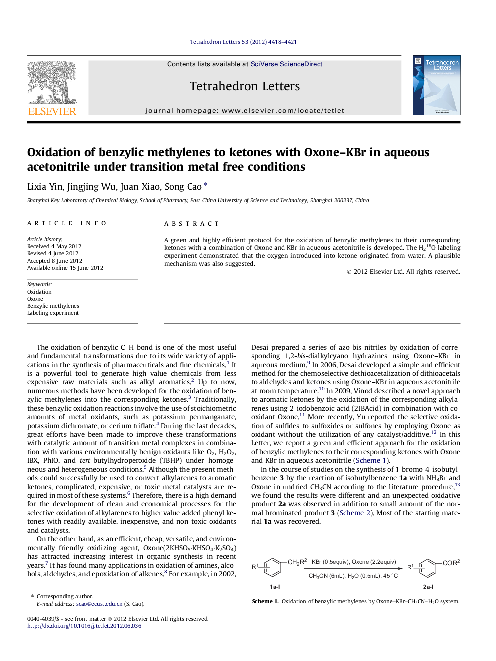 Oxidation of benzylic methylenes to ketones with Oxone-KBr in aqueous acetonitrile under transition metal free conditions